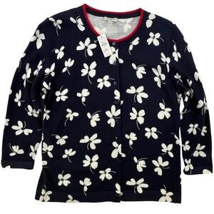 Talbots NWT Petite Small Navy Blue Floral Cardigan Sweater Button Front Red Trim